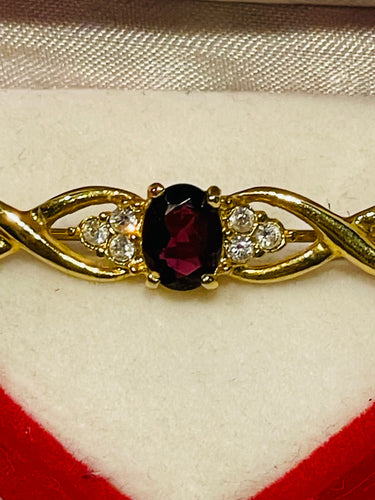 Kira.Gold Twisted Brooch with Red and Clear Rhinestones Bloomers and Frocks